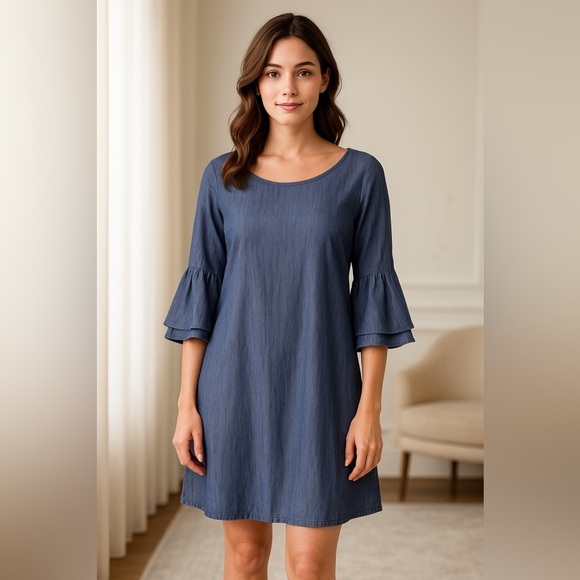 NAIF Dresses & Skirts - Naif Blue Chambray Bell Sleeve Dress with Crisscross Back - Size L. AA41